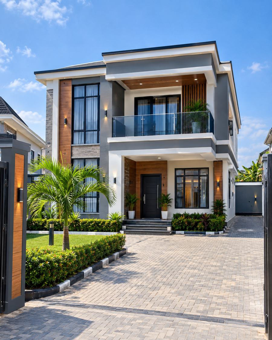 A modern duplex home with a landscaped front garden and driveway