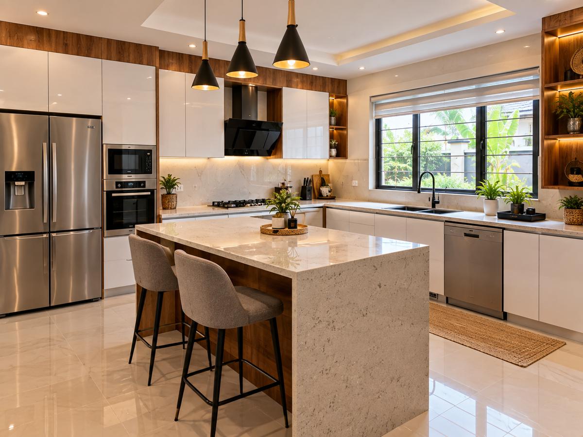 Modern fitted kitchen inside a four-bedroom terrace house in Benin City